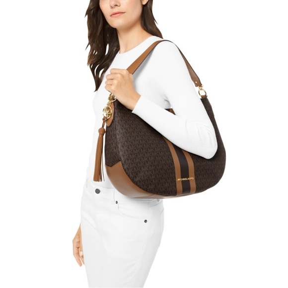 Michael Kors Brooke Signature Hobo Bag Signature Logo Pattern in Tan Black - Picture 2 of 14